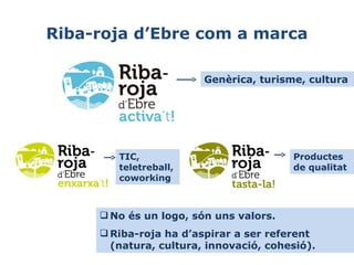 Riba-roja d’Ebre com a marca
Genèrica, turisme, cultura

TIC,
teletreball,
coworking

Productes
de qualitat

 No és un logo, són uns valors.
 Riba-roja ha d’aspirar a ser referent
(natura, cultura, innovació, cohesió).

 