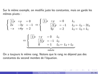 Sur le même exemple, on modifie juste les constantes, mais on garde les
mêmes pivots :



1 x +y = 0
2x −3y = −1
−x +4y = 2
⇔





1 x +y = 0 L1
-5 y = −1 L2 ← L2 − 2L1
5y = 2 L3 ← L3 + L1
⇔





1 x +y = 0 L1
-5 y = −1 L2
0 = 1 L3 ← L3 + L2
| {z }
reduite
On a toujours le même rang. Notons que le rang ne dépend pas des
constantes du second membre de l’équation.
() Systèmes d’équations linéaires 22 / 43
 