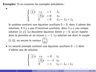 Exemples: Si on examine les exemples précédents :





1 x +y = 1 L1
-5 y = 0 L2
0 = 0 L3 ← L3 + L2
le système contient une équation auxiliaire 0 = 0, donc il admet des
solutions. Il n’y a pas d’inconnue auxiliaire, donc il y a une unique
solution (x, y). La deuxième équation donne y = 0, qu’on reporte
dans la première et on trouve x = 1. La solution est donc le couple
(1, 0), ou encore le vecteur

1
0

.
Le second exemple contient une équation auxiliaire 0 = 1 donc
n’admet pas de solution.





1 x +y = 0 L1
-5 y = −1 L2
0 = 1 L3 ← L3 + L2
() Systèmes d’équations linéaires 25 / 43
 