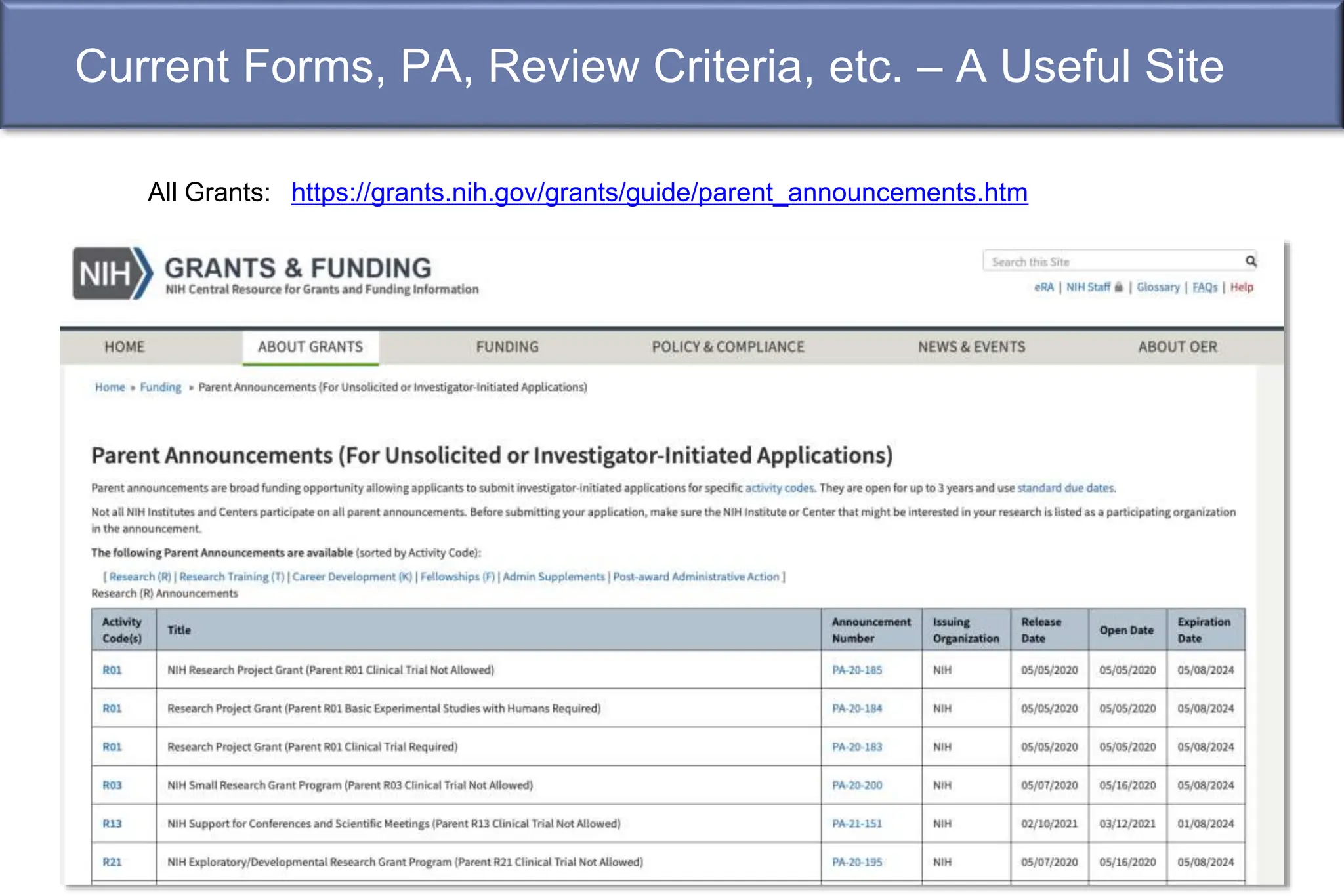 Current Forms, PA, Review Criteria, etc. – A Useful Site
https://grants.nih.gov/grants/guide/parent_announcements.htm
All Grants:
 