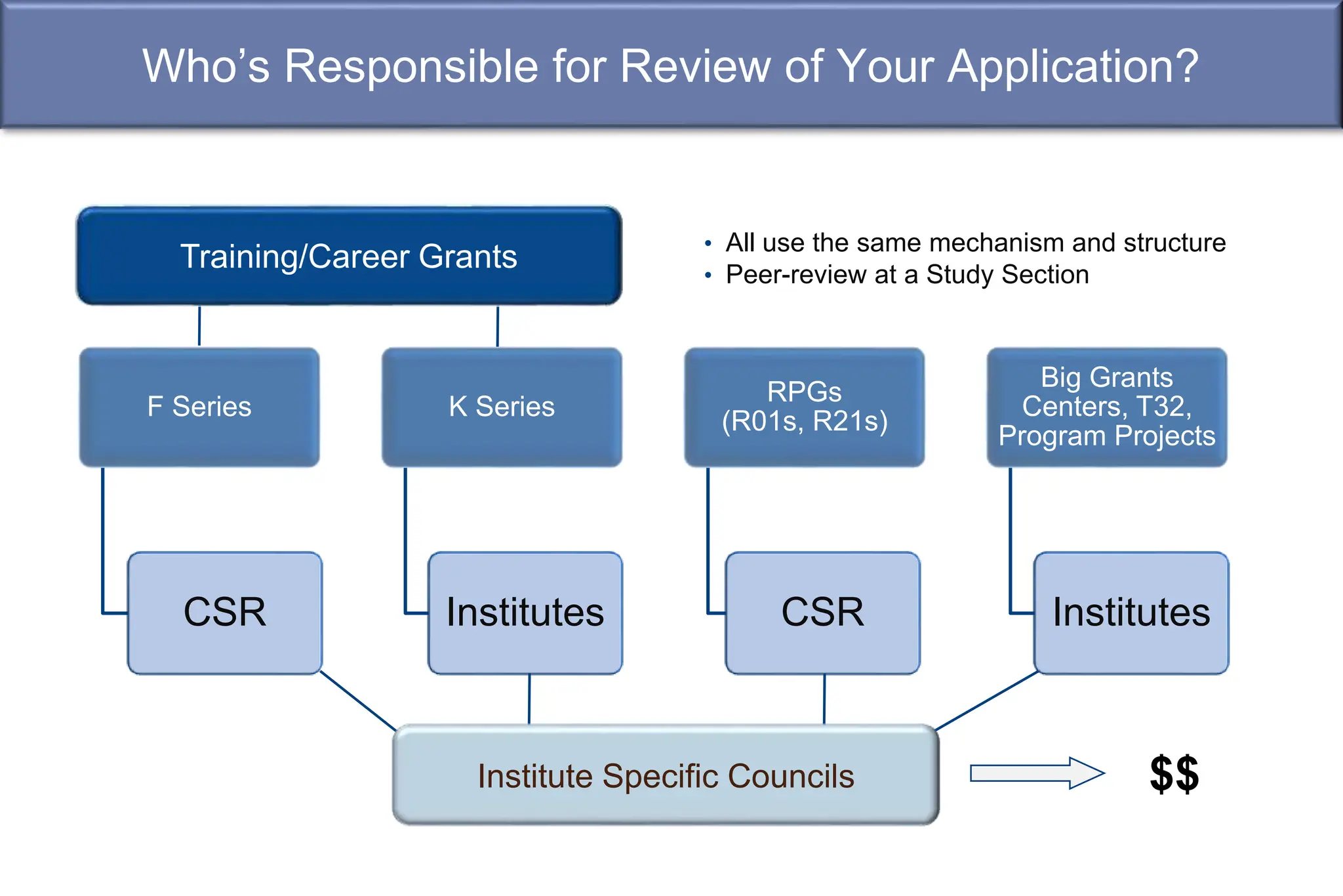 Who’s Responsible for Review of Your Application?
F Series
CSR
K Series
Institutes
RPGs
(R01s, R21s)
CSR
Big Grants
Centers, T32,
Program Projects
Institutes
• All use the same mechanism and structure
• Peer-review at a Study Section
Training/Career Grants
Institute Specific Councils $$
 