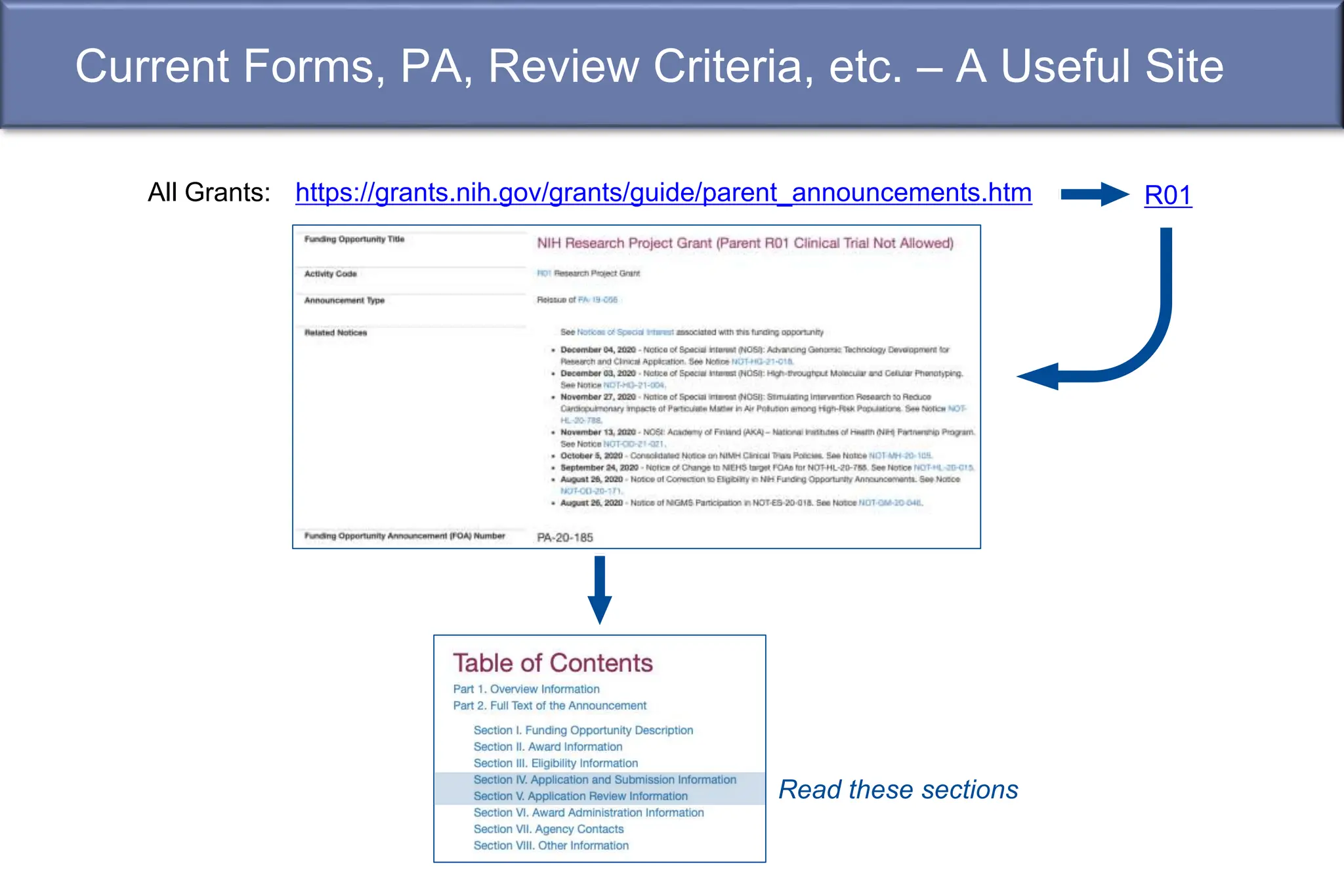 Current Forms, PA, Review Criteria, etc. – A Useful Site
https://grants.nih.gov/grants/guide/parent_announcements.htm
All Grants:
Read these sections
R01
 