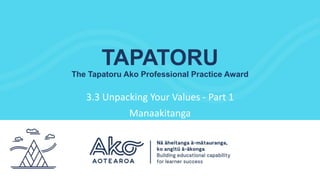 TAPATORU
The Tapatoru Ako Professional Practice Award
3.3 Unpacking Your Values - Part 1
Manaakitanga
 