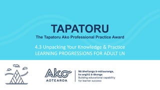 TAPATORU
The Tapatoru Ako Professional Practice Award
4.3 Unpacking Your Knowledge & Practice
LEARNING PROGRESSIONS FOR ADULT LN
 