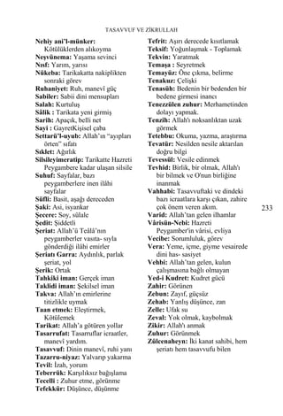 TASAVVUF VE ZİKRULLAH

Nehiy ani’l-münker:                   Tefrit: Aşırı derecede kısıtlamak
   Kötülüklerden alıkoyma             Teksif: Yoğunlaşmak - Toplamak
Neşvünema: Yaşama sevinci             Tekvin: Yaratmak
Nısf: Yarım, yarısı                   Temaşa : Seyretmek
Nükeba: Tarikakatta nakiplikten       Temayüz: Öne çıkma, belirme
   sonraki görev                      Tenakuz: Çelişki
Ruhaniyet: Ruh, manevî güç            Tenasüh: Bedenin bir bedenden bir
Sabiler: Sabii dini mensupları           bedene girmesi inancı
Salah: Kurtuluş                       Tenezzülen zuhur: Merhametinden
Sâlik : Tarikata yeni girmiş             dolayı yapmak.
Sarih: Apaçık, belli net              Tenzih: Allah'ı noksanlıktan uzak
Sayi : GayretKişisel çaba                görmek
Settarü’l-uyub: Allah’ın “ayıpları    Tetebbu: Okuma, yazma, araştırma
   örten” sıfatı                      Tevatür: Nesilden nesile aktarılan
Sıklet: Ağırlık                          doğru bilgi
Silsileyimeratip: Tarikatte Hazreti   Tevessül: Vesile edinmek
   Peygambere kadar ulaşan silsile    Tevhid: Birlik, bir olmak, Allah'ı
Suhuf: Sayfalar, bazı                    bir bilmek ve O'nun birliğine
   peygamberlere inen ilâhi              inanmak
   sayfalar                           Vahhabi: Tasavvuftaki ve dindeki
Süfli: Basit, aşağı dereceden            bazı icraatlara karşı çıkan, zahire
Şaki: Asi, isyankar                      çok önem veren akım.                  233
Şecere: Soy, sülale                   Varid: Allah’tan gelen ilhamlar
Şedit: Şiddetli                       Vârisün-Nebi: Hazreti
Şeriat: Allah’ü Teâlâ’nın                Peygamber'in vârisi, evliya
   peygamberler vasıta- sıyla         Vecibe: Sorumluluk, görev
   gönderdiği ilâhi emirler           Vera: Yeme, içme, giyme vesairede
Şeriatı Garra: Aydınlık, parlak          dini has- sasiyet
   şeriat, yol                        Vehbi: Allah’tan gelen, kulun
Şerik: Ortak                             çalışmasına bağlı olmayan
Tahkiki iman: Gerçek iman             Yed-i Kudret: Kudret gücü
Taklidi iman: Şekilsel iman           Zahir: Görünen
Takva: Allah’ın emirlerine            Zebun: Zayıf, güçsüz
   titizlikle uymak                   Zehab: Yanlış düşünce, zan
Taan etmek: Eleştirmek,               Zelle: Ufak su
   Kötülemek                          Zeval: Yok olmak, kaybolmak
Tarikat: Allah’a götüren yollar       Zikir: Allah'ı anmak
Tasarrufat: Tasarruflar icraatler,    Zuhur: Görünmek
   manevî yardım.                     Zülcenaheyn: İki kanat sahibi, hem
Tasavvuf: Dinin manevî, ruhi yanı        şeriatı hem tasavvufu bilen
Tazarru-niyaz: Yalvarıp yakarma
Tevil: İzah, yorum
Teberrük: Karşılıksız bağışlama
Tecelli : Zuhur etme, görünme
Tefekkür: Düşünce, düşünme
 