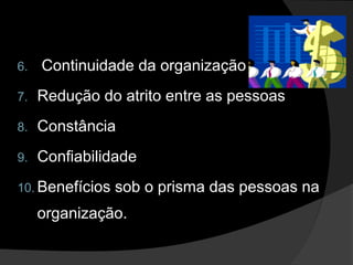 6. Continuidade da organização
7. Redução do atrito entre as pessoas
8. Constância
9. Confiabilidade
10. Benefícios sob o prisma das pessoas na
organização.
 
