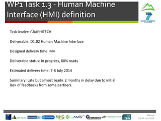 WP1Task 1.3 - Human Machine
Interface (HMI) definition
Task leader: GRAPHITECH
Deliverable: D1.02 Human Machine Interface
Designed delivery time: M4
Deliverable status: In progress, 80% ready
Estimated delivery time: 7-8 July 2014
Summary: Late but almost ready. 2 months in delay due to initial
lack of feedbacks from some partners.
Mikkeli
02-04 July 2014
 