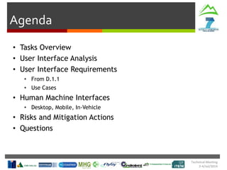 Technical Meeting
2-4/Jul/2014
Agenda
• Tasks Overview
• User Interface Analysis
• User Interface Requirements
• From D.1.1
• Use Cases
• Human Machine Interfaces
• Desktop, Mobile, In-Vehicle
• Risks and Mitigation Actions
• Questions
 