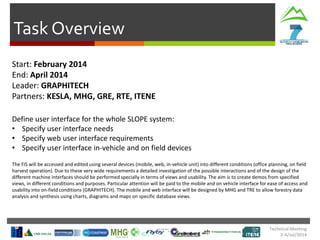 Task Overview
Technical Meeting
2-4/Jul/2014
Start: February 2014
End: April 2014
Leader: GRAPHITECH
Partners: KESLA, MHG, GRE, RTE, ITENE
Define user interface for the whole SLOPE system:
• Specify user interface needs
• Specify web user interface requirements
• Specify user interface in-vehicle and on field devices
The FIS will be accessed and edited using several devices (mobile, web, in-vehicle unit) into different conditions (office planning, on field
harvest operation). Due to these very wide requirements a detailed investigation of the possible interactions and of the design of the
different machine interfaces should be performed specially in terms of views and usability. The aim is to create demos from specified
views, in different conditions and purposes. Particular attention will be paid to the mobile and on vehicle interface for ease of access and
usability into on-field conditions (GRAPHITECH). The mobile and web interface will be designed by MHG and TRE to allow forestry data
analysis and synthesis using charts, diagrams and maps on specific database views.
 