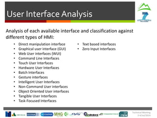 User Interface Analysis
Technical Meeting
2-4/Jul/2014
Analysis of each available interface and classification against
different types of HMI:
• Direct manipulation interface
• Graphical user interface (GUI)
• Web User interfaces (WUI)
• Command Line Interfaces
• Touch User Interfaces
• Hardware User Interfaces
• Batch Interfaces
• Gesture interfaces
• Intelligent User Interfaces
• Non-Command User interfaces
• Object Oriented User interfaces
• Tangible User Interfaces
• Task-Focused Interfaces
• Text based interfaces
• Zero Input Interfaces
 