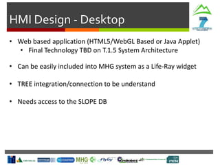 HMI Design - Desktop
• Web based application (HTML5/WebGL Based or Java Applet)
• Final Technology TBD on T.1.5 System Architecture
• Can be easily included into MHG system as a Life-Ray widget
• TREE integration/connection to be understand
• Needs access to the SLOPE DB
 