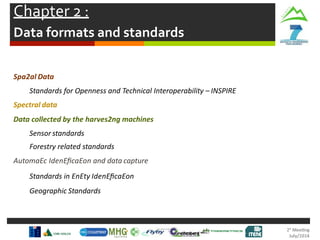 Chapter 2 :
Data formats and standards
Spa2al Data
Standards for Openness and Technical Interoperability – INSPIRE
Spectral data
Data collected by the harves2ng machines
Sensor standards
Forestry related standards
AutomaEc IdenEﬁcaEon and data capture
Standards in EnEty IdenEﬁcaEon
Geographic Standards
 