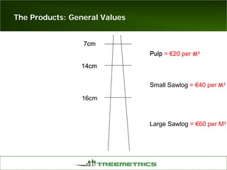 The Products: General Values
14cm
7cm
14cm
7cm
14cm
7cm
14cm
7cm
14cm
7cm
14cm
7cm
14cm
7cm
14cm
7cm
14cm
16cm
7cm7cm
Pulp
7cm
PulpPulp = €20 per M3
Large Sawlog = €60 per M3
Small Sawlog = €40 per M3
 