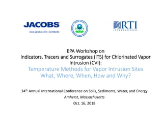 EPA Workshop on
Indicators, Tracers and Surrogates (ITS) for Chlorinated Vapor 
Intrusion (CVI):
Temperature Methods for Vapor Intrusion Sites
What, Where, When, How and Why?
34th Annual International Conference on Soils, Sediments, Water, and Energy
Amherst, Massachusetts
Oct. 16, 2018
 