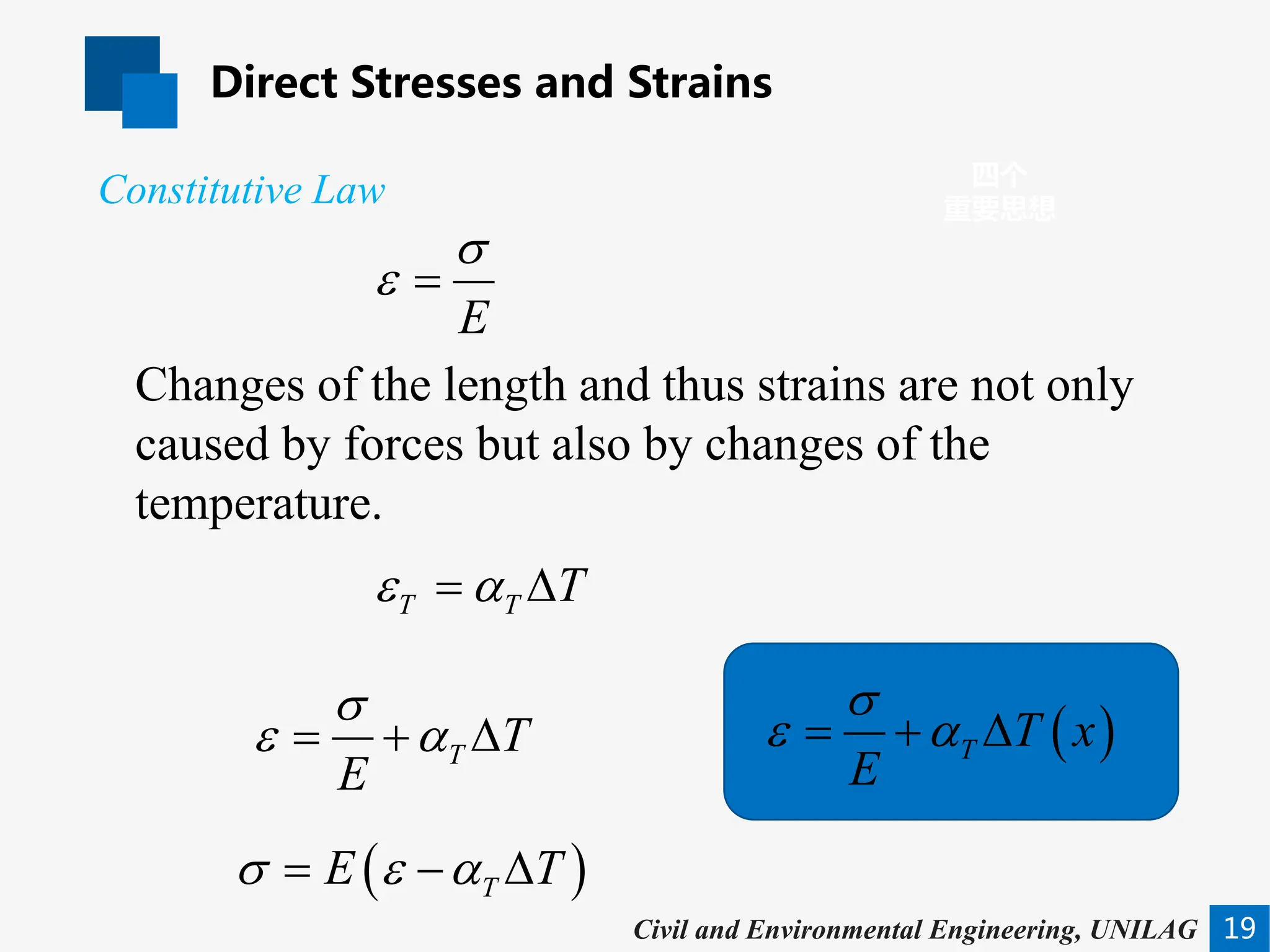 Direct Stresses and Strains
19
四个
重要思想
Civil and Environmental Engineering, UNILAG
Constitutive Law
E
σ
ε =
Changes of the length and thus strains are not only
caused by forces but also by changes of the
temperature.
T T T
ε α
= ∆
T T
E
σ
ε α
= + ∆ ( )
T T x
E
σ
ε α
= + ∆
( )
T
E T
σ ε α
= − ∆
 