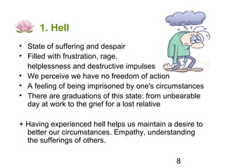 1. Hell
• State of suffering and despair
• Filled with frustration, rage,
  helplessness and destructive impulses
• We perceive we have no freedom of action
• A feeling of being imprisoned by one's circumstances
• There are graduations of this state: from unbearable
  day at work to the grief for a lost relative

+ Having experienced hell helps us maintain a desire to
  better our circumstances. Empathy, understanding
  the sufferings of others.

                                               8
 