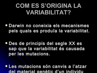 COM ES S’ORIGINA LA VARIABILITAT? Darwin no coneixia els mecanismes pels quals es produïa la variabilitat. Des de principis del segle XX es sap que la variabilitat és causada per les mutacions. Les mutacions són canvis a l’atzar del material genètic d’un individu 