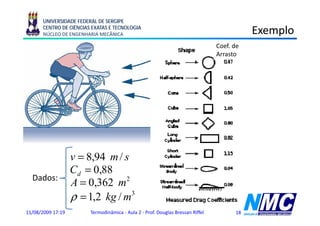 UNIVERSIDADE FEDERAL DE SERGIPE
      CENTRO DE CIÊNCIAS EXATAS E TECNOLOGIA
      NÚCLEO DE ENGENHARIA MECÂNICA                                                        Exemplo
                                                                                               p
                                                                                Coef. de
                                                                                Arrasto




                   v = 8,94 m / s
                   Cd = 0,88
  Dados:
                   A = 0,362 m2
                   ρ = 1,2 kg / m3
11/08/2009 17:19        Termodinâmica - Aula 2 - Prof. Douglas Bressan Riffel         18
 