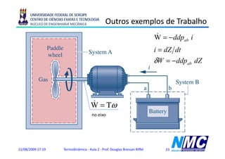 UNIVERSIDADE FEDERAL DE SERGIPE
      CENTRO DE CIÊNCIAS EXATAS E TECNOLOGIA
      NÚCLEO DE ENGENHARIA MECÂNICA                Outros exemplos de Trabalho
                                                              p
                                                                                &
                                                                                W = − ddpab i
                                                                                i = dZ dt
                                                                                δW = − ddpab dZ




                                          &
                                          W = Τω
                                          no eixo




11/08/2009 17:19        Termodinâmica - Aula 2 - Prof. Douglas Bressan Riffel      23
 