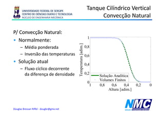 UNIVERSIDADE FEDERAL DE SERGIPE
                                                                      Tanque Cilíndrico Vertical
       CENTRO DE CIÊNCIAS EXATAS E TECNOLOGIA
       NÚCLEO DE ENGENHARIA MECÂNICA                                       Convecção Natural
                                                                                   ç

P/ Convecção Natural:
                                                                      1
• Normalmente:




                                                  mperatur [adim.]
     – Média ponderada                                               0,8
     – Inversão das temperaturas                                     0,6




                                                         ra
• Solução atual                                                      0,4
     – Fluxo cíclico decorrente

                                                Tem
       da diferença de densidade                                     0,2
                                                                           Solução Analítica
                                                                           Volumes Finitos
                                                                      0
                                                                       1   0,8
                                                                           08     0,6
                                                                                  06      0,4
                                                                                          04     0,2
                                                                                                 02    0
                                                                                Altura [adim.]



Douglas Bressan Riffel - dougbr@gmx.net
 