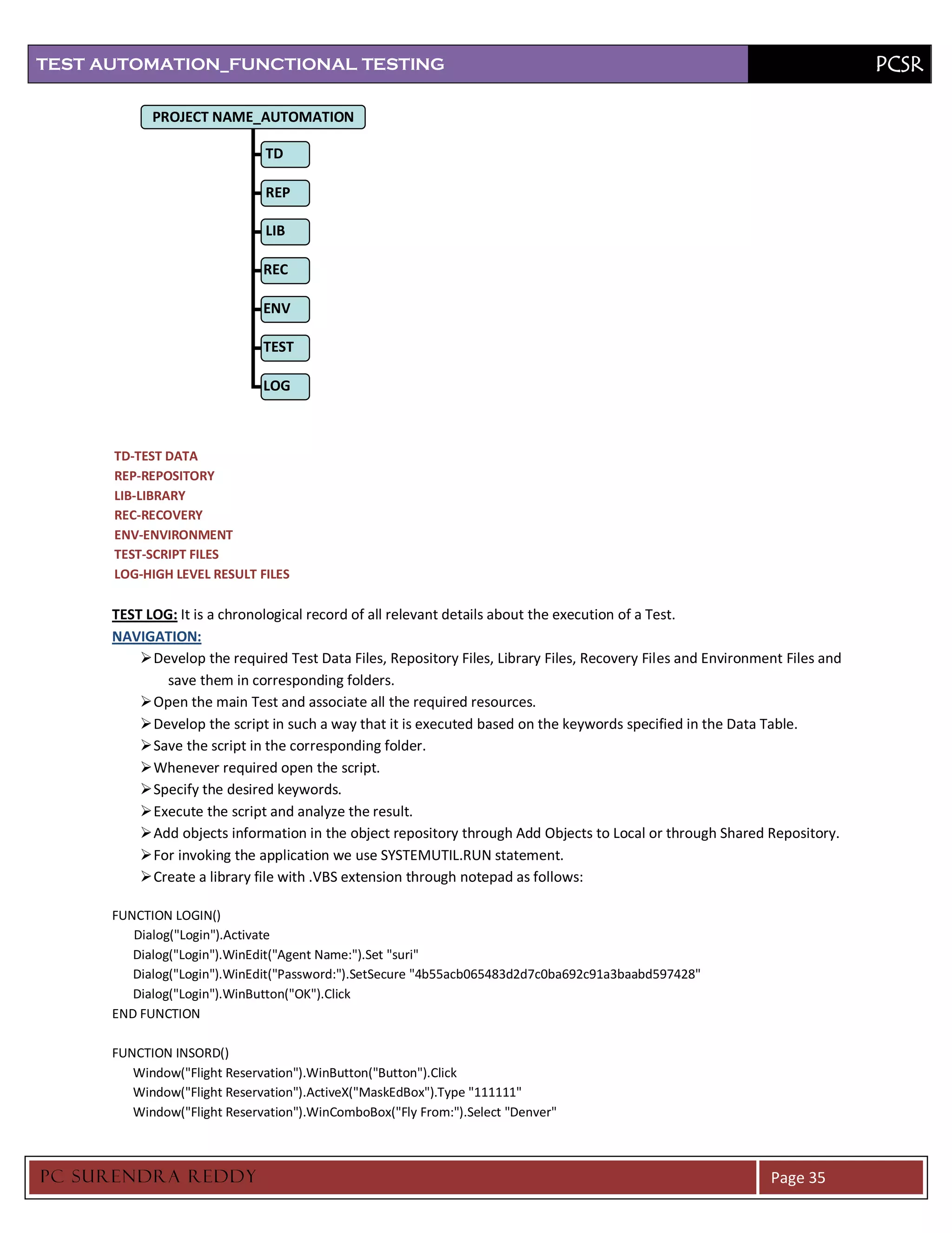 TEST AUTOMATION_FUNCTIONAL TESTING                                                                                            PCSR

            PROJECT NAME_AUTOMATION

                              TD

                              REP

                              LIB

                              REC

                              ENV

                              TEST

                              LOG



      TD-TEST DATA
      REP-REPOSITORY
      LIB-LIBRARY
      REC-RECOVERY
      ENV-ENVIRONMENT
      TEST-SCRIPT FILES
      LOG-HIGH LEVEL RESULT FILES

      TEST LOG: It is a chronological record of all relevant details about the execution of a Test.
      NAVIGATION:
           Develop the required Test Data Files, Repository Files, Library Files, Recovery Files and Environment Files and
              save them in corresponding folders.
           Open the main Test and associate all the required resources.
           Develop the script in such a way that it is executed based on the keywords specified in the Data Table.
           Save the script in the corresponding folder.
           Whenever required open the script.
           Specify the desired keywords.
           Execute the script and analyze the result.
           Add objects information in the object repository through Add Objects to Local or through Shared Repository.
           For invoking the application we use SYSTEMUTIL.RUN statement.
           Create a library file with .VBS extension through notepad as follows:

      FUNCTION LOGIN()
         Dialog("Login").Activate
         Dialog("Login").WinEdit("Agent Name:").Set "suri"
         Dialog("Login").WinEdit("Password:").SetSecure "4b55acb065483d2d7c0ba692c91a3baabd597428"
         Dialog("Login").WinButton("OK").Click
      END FUNCTION

      FUNCTION INSORD()
         Window("Flight Reservation").WinButton("Button").Click
         Window("Flight Reservation").ActiveX("MaskEdBox").Type "111111"
         Window("Flight Reservation").WinComboBox("Fly From:").Select "Denver"



PC SURENDRA REDD Y                                                                                             Page 35
 