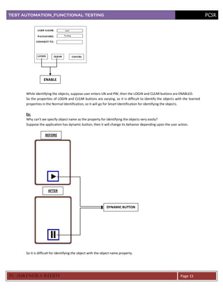 TEST AUTOMATION_FUNCTIONAL TESTING                                                                                            PCSR




                  ENABLE


      While identifying the objects, suppose user enters UN and PW, then the LOGIN and CLEAR buttons are ENABLED.
      So the properties of LOGIN and CLEAR buttons are varying, so it is difficult to identify the objects with the learned
      properties in the Normal Identification, so it will go for Smart Identification for identifying the objects.

      Ex:
      Why can’t we specify object name as the property for identifying the objects very easily?
      Suppose the application has dynamic button, then it will change its behavior depending upon the user action.

                   BEFORE




                     AFTER



                                                               DYNAMIC BUTTON




      So it is difficult for identifying the object with the object name property.




PC SURENDRA REDD Y                                                                                           Page 15
 