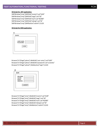TEST AUTOMATION_FUNCTIONAL TESTING                                            PCSR

      VB Script for .NET application:
      SWFWindow(“emp”)SWFEdit(“ename”).set”SURI”
      SWFWindow(“emp”)SWFEdit(“eage”).set”26”
      SWFWindow(“emp”)SWFEdit(“esal”).set”40,000”
      SWFWindow(“emp”)SWFEdit(“edesig”).set”SE”
      SWFWindow(“emp”)SWFButton(“submit”).CLICK

      VB Script for WEB application:




      Browser(“ie”)Page(“yahoo”).WebEdit(“user name”).set”SURI”
      Browser(“ie”)Page(“yahoo”).WebEdit(“password”).set”surendra”
      Browser(“ie”)Page(“yahool”).Webbutton(“login”).CLICK




      Browser(“ie”)Page(“emp”).WebEdit(“ename”).set”SURI”
      Browser(“ie”)Page(“emp”).WebEdit(“eage”).set”26”
      Browser(“ie”)Page(“emp”).WebEdit(“esal”).set”40,000”
      Browser(“ie”)Page(“emp”).WebEdit(“edesig”).set”SE”
      Browser(“ie”)Page(“emp”).WebButton(“submit”).CLICK




PC SURENDRA REDD Y                                                   Page 8
 