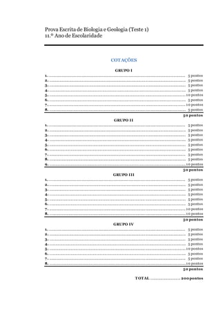 Prova Escrita de Biologia e Geologia (Teste 1)
11.º Ano de Escolaridade
COTAÇÕES
GRUPO I
1. ........................................................................................................................................ 5 pontos
2. ........................................................................................................................................ 5 pontos
3. ........................................................................................................................................ 5 pontos
4. ........................................................................................................................................ 5 pontos
5. ........................................................................................................................................10 pontos
6. ........................................................................................................................................ 5 pontos
7. ........................................................................................................................................ 10 pontos
8. ........................................................................................................................................ 5 pontos
50 pontos
GRUPO II
1. ........................................................................................................................................ 5 pontos
2. ........................................................................................................................................ 5 pontos
3. ........................................................................................................................................ 5 pontos
4. ........................................................................................................................................ 5 pontos
5. ........................................................................................................................................ 5 pontos
6. ........................................................................................................................................ 5 pontos
7. ........................................................................................................................................ 5 pontos
8. ........................................................................................................................................ 5 pontos
9. ........................................................................................................................................10 pontos
50 pontos
GRUPO III
1. ........................................................................................................................................ 5 pontos
2. ........................................................................................................................................ 5 pontos
3. ........................................................................................................................................ 5 pontos
4. ........................................................................................................................................ 5 pontos
5. ........................................................................................................................................ 5 pontos
6. ........................................................................................................................................ 5 pontos
7. ........................................................................................................................................ 10 pontos
8. ........................................................................................................................................10 pontos
50 pontos
GRUPO IV
1. ........................................................................................................................................ 5 pontos
2. ........................................................................................................................................ 5 pontos
3. ........................................................................................................................................ 5 pontos
4. ........................................................................................................................................ 5 pontos
5. ........................................................................................................................................10 pontos
6. ........................................................................................................................................ 5 pontos
7. ........................................................................................................................................ 5 pontos
8. ........................................................................................................................................10 pontos
50 pontos
T OTAL .............................. 200pontos
 