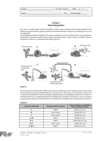 Desafios, Biologia e Geologia 11.º ano
© ASA, 2014
Página 2 de 10
Grupo I
Material genético
Em 1 928, o médico inglês Frederick Griffith estudav a duas linhagens de bactérias patogénicas de
Diplococcus pneumoniaei, oagente causador da pneumonia humana, letalpara os ratinhos que usav a nas
inv estigações.
As linhagens foram denominadas de S e R, porque enquantocresciam em laboratório, umas produziam
colónias lisas (doinglês smooth) e outras rugosas (doinglês rough), respetiv amente. Griffith realizou a
experiência e obtev e os resultados ilustrados na figura 1 .
Figura 1
Um estudante dolaboratóriode Griffith encontrou três amostras puras de compostos químicos extraídos
de bactérias S e que estavam identificadas com as letras A, B e C. Sem saber o seu conteúdo, misturou as
amostras com bactérias Re injetou as amostras separadamente ou combinadas em diferentes ratinhos. O
estudante observou as respostas dos diferentes ratinhos após o período de incubação e extraiu amostras
sanguíneas para pesquisar células infetadas com bactérias. Os resultados estãorepresentados na tabela I.
Tabela I
Amostra injetada Resposta dos ratinhos
Tipo de células recolhidas
dos ratinhos no final
A Morte Células S v iv as
B Sem reação Células R v iv as
C Sem reação Células R v iv as
A+B Morte Células S v iv as
A+C Morte Células R e S v iv as
B+C Sem reação Células R v iv as
A+B+C Morte Células S v iv as
Escola:______________________________ 11.º ano Turma_____ Data ___/___/_____
Nome_________________________________________ N.º____ Classificação________
 