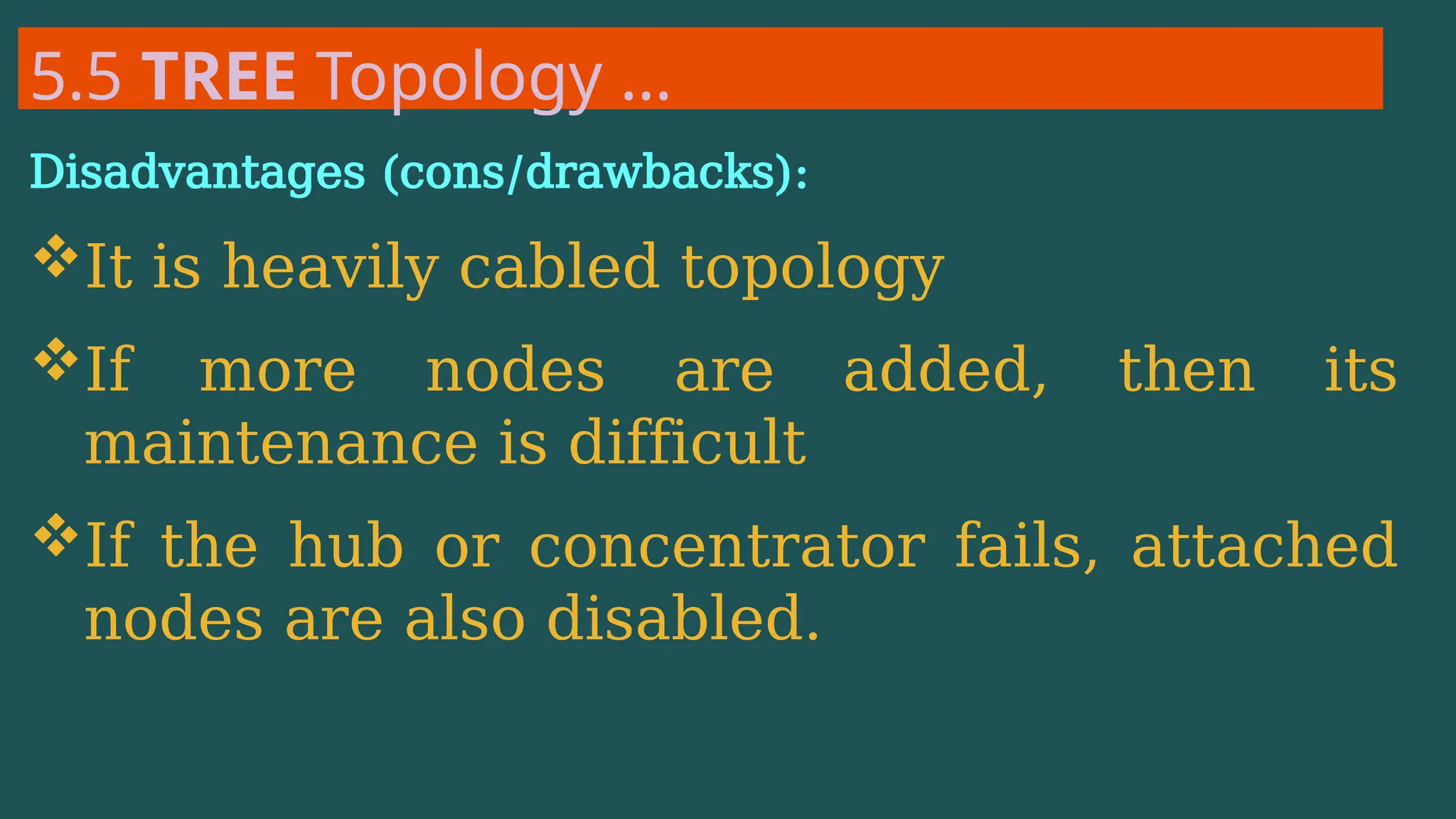 5.5 TREE Topology …
Disadvantages (cons/drawbacks):
It is heavily cabled topology
If more nodes are added, then its
maintenance is difficult
If the hub or concentrator fails, attached
nodes are also disabled.
 