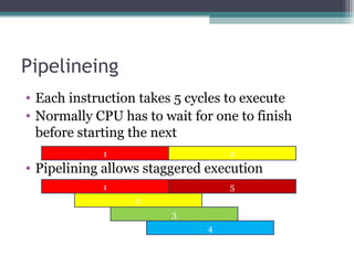 Pipelineing Each instruction takes 5 cycles to execute Normally CPU has to wait for one to finish before starting the next Pipelining allows staggered execution 1 2 1 2 3 4 5 