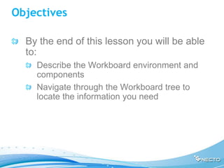 Objectives

  By the end of this lesson you will be able
  to:
    Describe the Workboard environment and
    components
    Navigate through the Workboard tree to
    locate the information you need
 