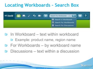 Locating Workboards – Search Box




  In Workboard – text within workboard
    Example: product name, region name
  For Workboards – by workboard name
  Discussions – text within a discussion
 