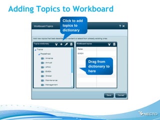 Adding Topics to Workboard
             Click to add
             topics to
             dictionary




                            Drag from
                            dictionary to
                            here
 