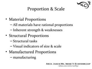 Proportion & Scale
• Material Proportions
– All materials have rational proportions
– Inherent strength & weaknesses
• Structural Proportions
– Structural tasks
– Visual indicators of size & scale
• Manufactured Proportions
– manufacturing
 