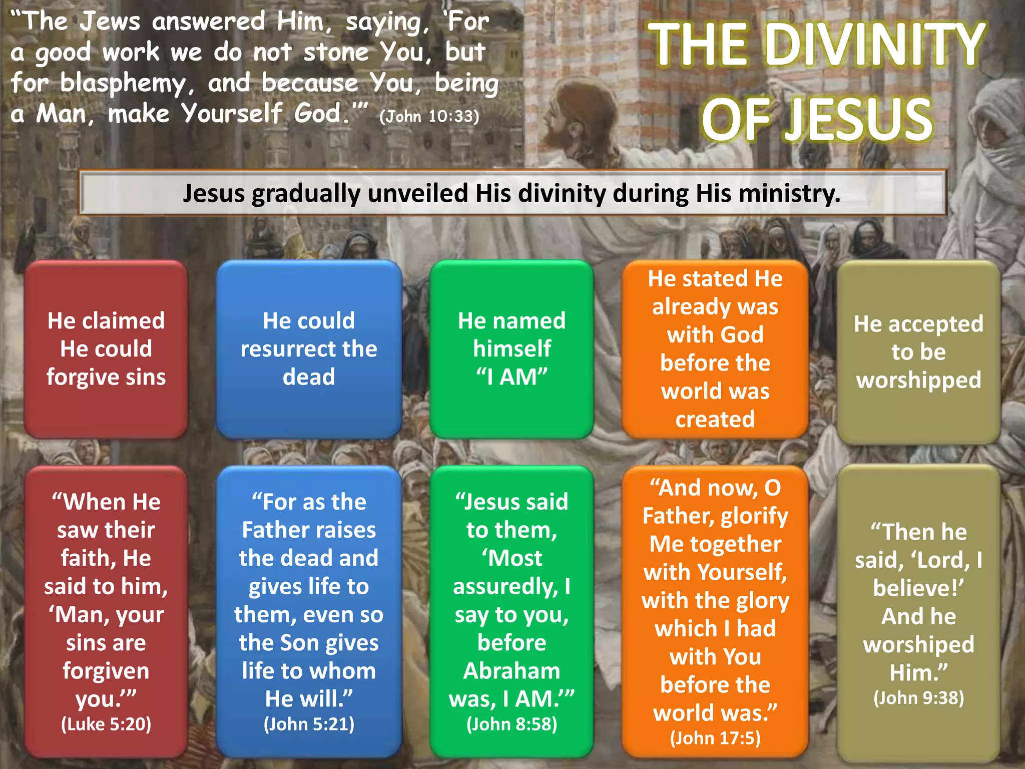 “The Jews answered Him, saying, ‘For
a good work we do not stone You, but
for blasphemy, and because You, being
a Man, make Yourself God.’” (John 10:33)
Jesus gradually unveiled His divinity during His ministry.
He claimed
He could
forgive sins
“When He
saw their
faith, He
said to him,
‘Man, your
sins are
forgiven
you.’”
(Luke 5:20)
He could
resurrect the
dead
“For as the
Father raises
the dead and
gives life to
them, even so
the Son gives
life to whom
He will.”
(John 5:21)
He named
himself
“I AM”
“Jesus said
to them,
‘Most
assuredly, I
say to you,
before
Abraham
was, I AM.’”
(John 8:58)
He stated He
already was
with God
before the
world was
created
“And now, O
Father, glorify
Me together
with Yourself,
with the glory
which I had
with You
before the
world was.”
(John 17:5)
He accepted
to be
worshipped
“Then he
said, ‘Lord, I
believe!’
And he
worshiped
Him.”
(John 9:38)
 