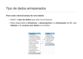 Tipo de dados armazenados

Para cada coluna/campo de uma tabela

  • Deﬁnir o tipo de dados que esta irá armazenar
  • Disso dependerá a eﬁciência, o desempenho e a otimização da BD, das
    tabelas e do acesso aos dados aí contidos
 