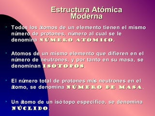 Estructura Atómica Moderna Todos los átomos de un elemento tienen el mismo número de protones, número al cual se le denomina   NÚMERO ATÓMICO. Atomos de un mismo elemento que difieren en el número de neutrones, y por tanto en su masa, se denominan   ISÓTOPOS . El número total de protones más neutrones en el átomo, se denomina   NÚMERO DE MASA . Un átomo de un isótopo específico, se denomina   NúCLIDO . 