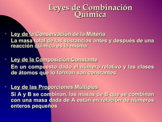 Leyes de Combinación Química Ley de la Conservación de la Materia La masa total de las sustancias antes y después de una reacción química es la misma Ley de la Composición Constante En un compuesto dado el número relativo y las clases de átomos que lo forman son constantes Ley de las Proporciones Múltiples Si A y B se combinan, las masas de B que se combinan con una masa dada de A están en relación de números enteros pequeños 