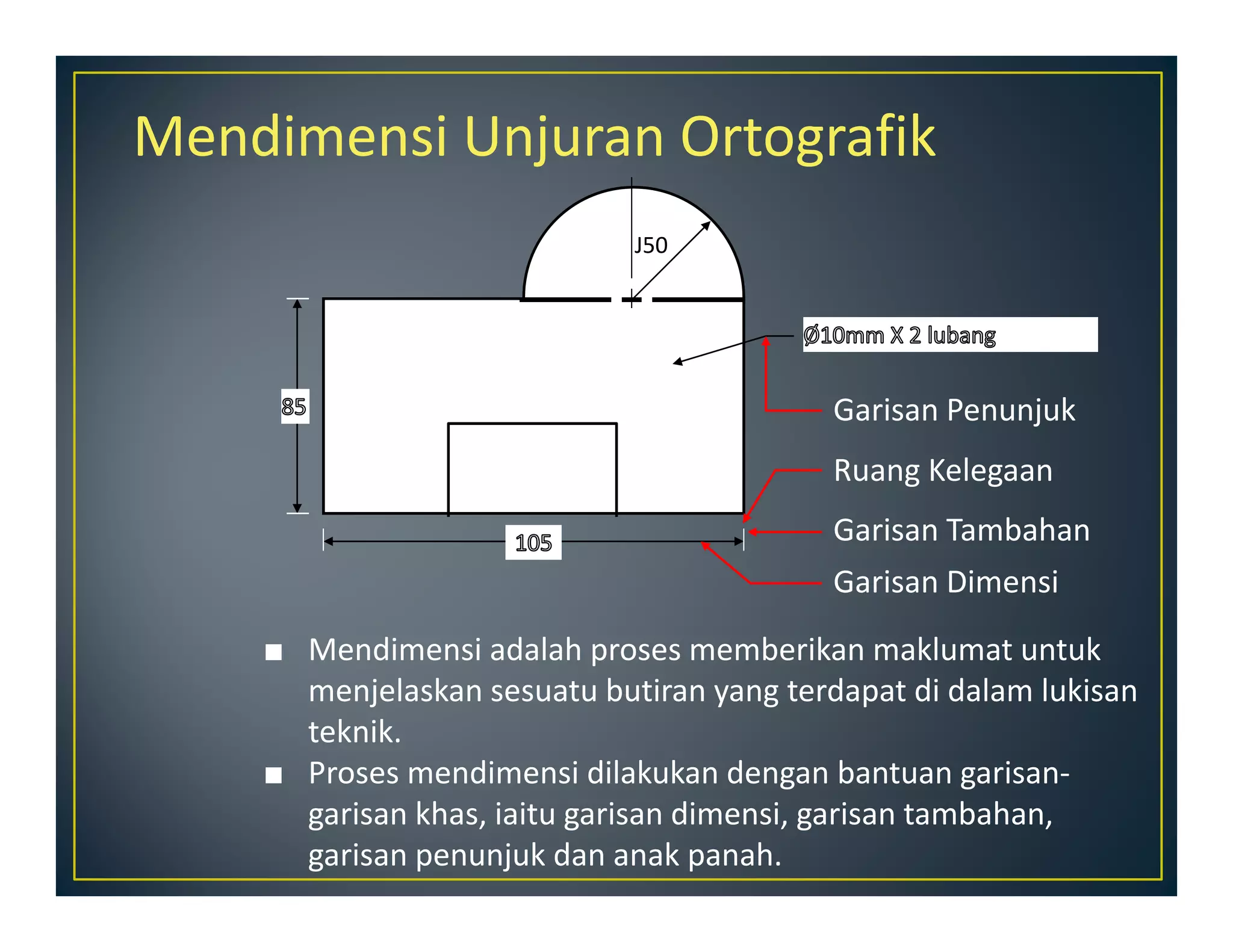 Mendimensi Unjuran Ortografik 
J50 
Ruang Kelegaan 
■ Mendimensi adalah proses memberikan maklumat untuk 
menjelaskan sesuatu butiran yang terdapat di dalam lukisan 
teknik. 
■ Proses mendimensi dilakukan dengan bantuan garisan‐garisan 
khas, iaitu garisan dimensi, garisan tambahan, 
garisan penunjuk dan anak panah. 
Garisan Penunjuk 
Garisan Tambahan 
Garisan Dimensi 
 