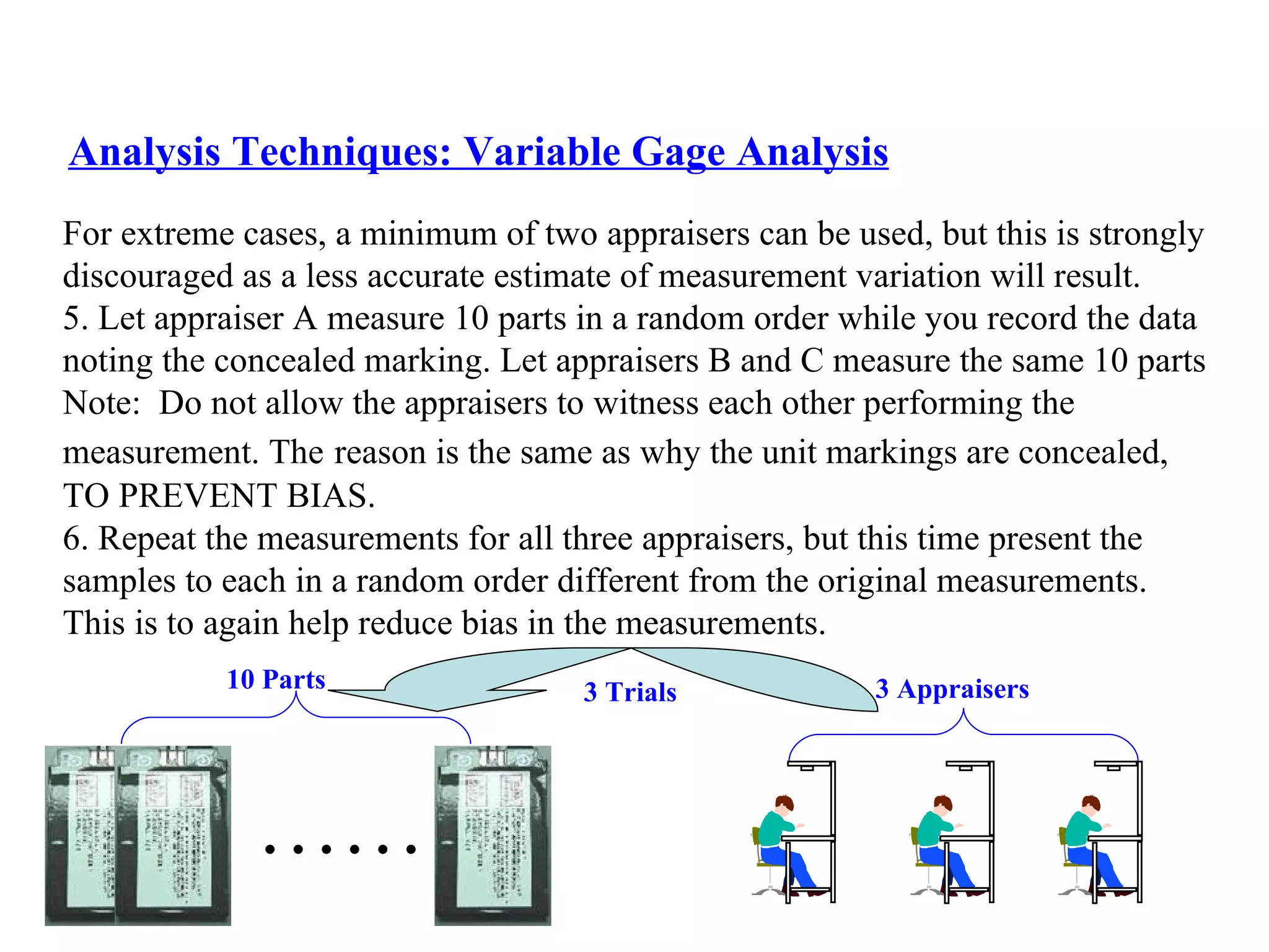 For extreme cases, a minimum of two appraisers can be used, but this is strongly  discouraged as a less accurate estimate of measurement variation will result. 5. Let appraiser A measure 10 parts in a random order while you record the data  noting the concealed marking. Let appraisers B and C measure the same 10 parts  Note:  Do not allow the appraisers to witness each other performing the  measurement. The   reason is the same as why the unit markings are concealed,  TO PREVENT BIAS. 6. Repeat the measurements for all three appraisers, but this time present the  samples to each in a random order different from the original measurements.  This is to again help reduce bias in the measurements. Analysis Techniques: Variable Gage Analysis …… 10 Parts 3 Appraisers 3 Trials 