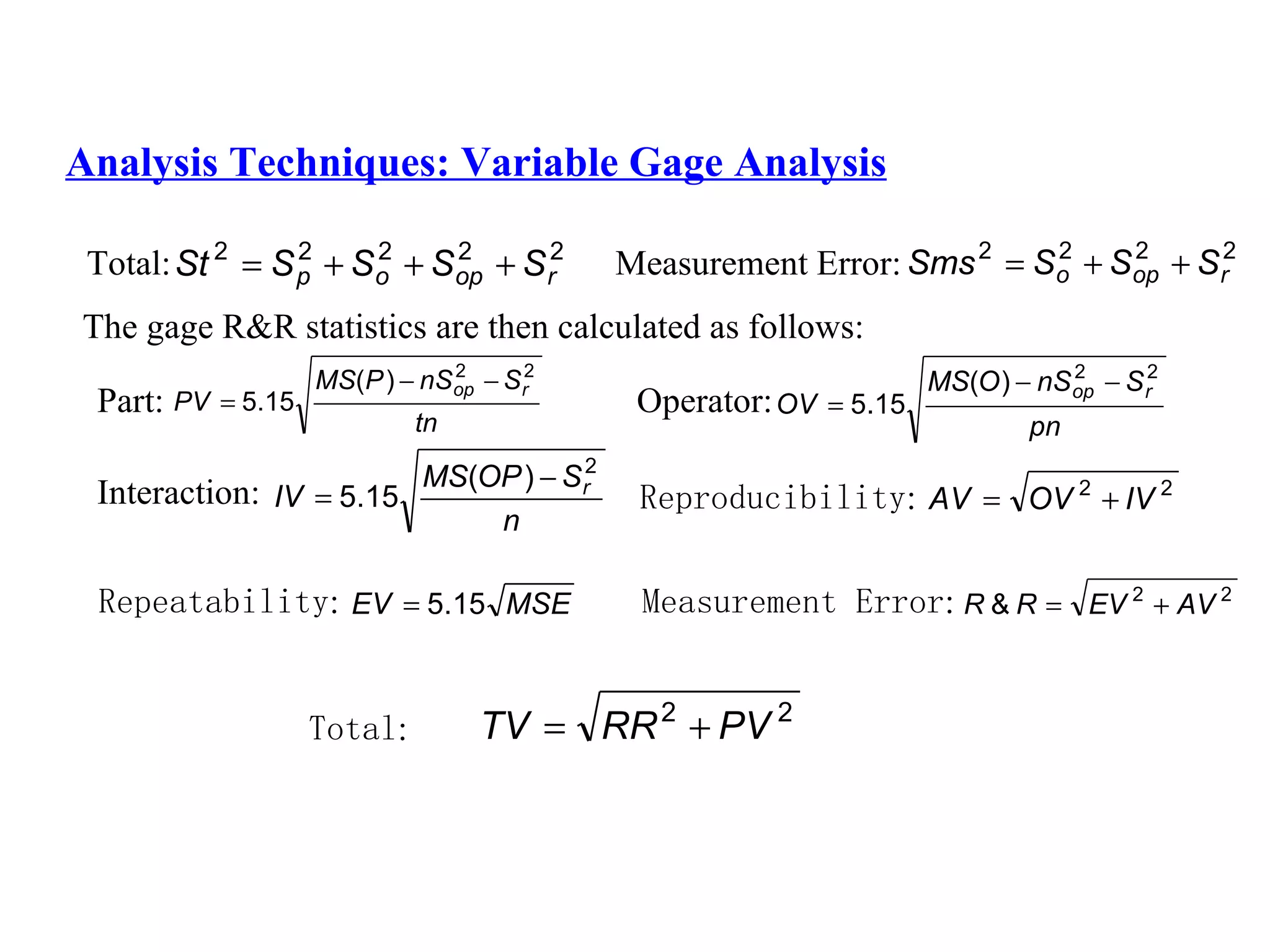 Analysis Techniques: Variable Gage Analysis Total: The gage R&R statistics are then calculated as follows: Measurement Error: Part: Operator: Interaction: Reproducibility : Repeatability : Measurement Error : Total : 