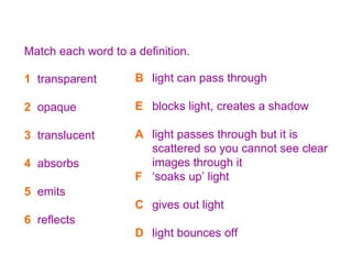 8K Light words and heavy meanings Match each word to a definition. 1   transparent 2   opaque 3   translucent 4   absorbs ...