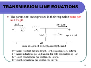 14
TRANSMISSION LINE EQUATIONS
 The parameters are expressed in their respective name per
unit length.
RΔz LΔz
GΔz CΔz
i(z,t) i(z + Δz,t)
Δz
v(z + Δz,t)
R = series resistant per unit length, for both conductors, in Ω/m
L = series inductance per unit length, for both conductors, in H/m
G = shunt conductance per unit length, in S/m
C = shunt capacitance per unit length, in F/m
Figure 2: Lumped-element equivalent circuit
 