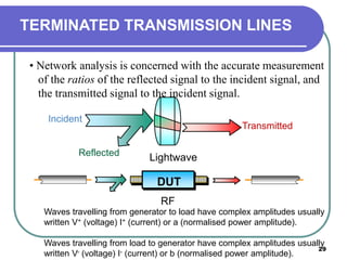 29
TERMINATED TRANSMISSION LINES
RF
Incident
Reflected
Transmitted
Lightwave
DUT
• Network analysis is concerned with the accurate measurement
of the ratios of the reflected signal to the incident signal, and
the transmitted signal to the incident signal.
Waves travelling from generator to load have complex amplitudes usually
written V+ (voltage) I+ (current) or a (normalised power amplitude).
Waves travelling from load to generator have complex amplitudes usually
written V- (voltage) I- (current) or b (normalised power amplitude).
 