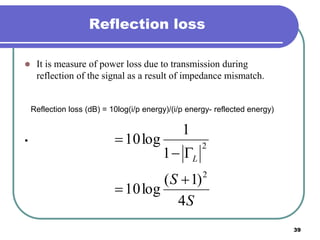 39
Reflection loss
 It is measure of power loss due to transmission during
reflection of the signal as a result of impedance mismatch.
•
Reflection loss (dB) = 10log(i/p energy)/(i/p energy- reflected energy)
S
S
L
4
)1(
log10
1
1
log10
2
2




 