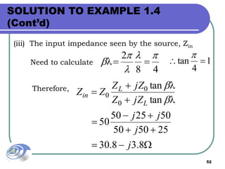 52
(iii) The input impedance seen by the source, Zin







8.38.30
255050
502550
50
tan
tan
0
0
0
j
j
jj
jZZ
jZZ
ZZ
L
L
in




48
2 


  1
4
tan 

Need to calculate
Therefore,
SOLUTION TO EXAMPLE 1.4
(Cont’d)
 