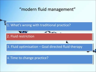 “modern fluid management” 
1. What’s wrong with ttrraaddiittiioonnaall pprraaccttiiccee?? 
22.. FFlluuiidd rreessttrriiccttiioonn 
33.. FFlluuiidd ooppttiimmiissaattiioonn –– GGooaall ddiirreecctteedd fflluuiidd tthheerraappyy 
44.. T Tiimmee ttoo cchhaannggee pprraaccttiiccee?? 
 