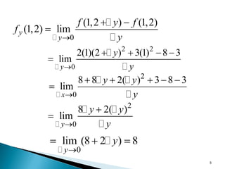 5
0
(1,2 ) (1,2)
(1,2) lim
y
y
f y f
f
y

 

2 2
0
2(1)(2 ) 3(1) 8 3
lim
y
y
y

   

2
0
8 8 2( ) 3 8 3
lim
x
y y
y

    

2
0
8 2( )
lim
y
y y
y



0
lim (8 2 ) 8
y
y

  
 