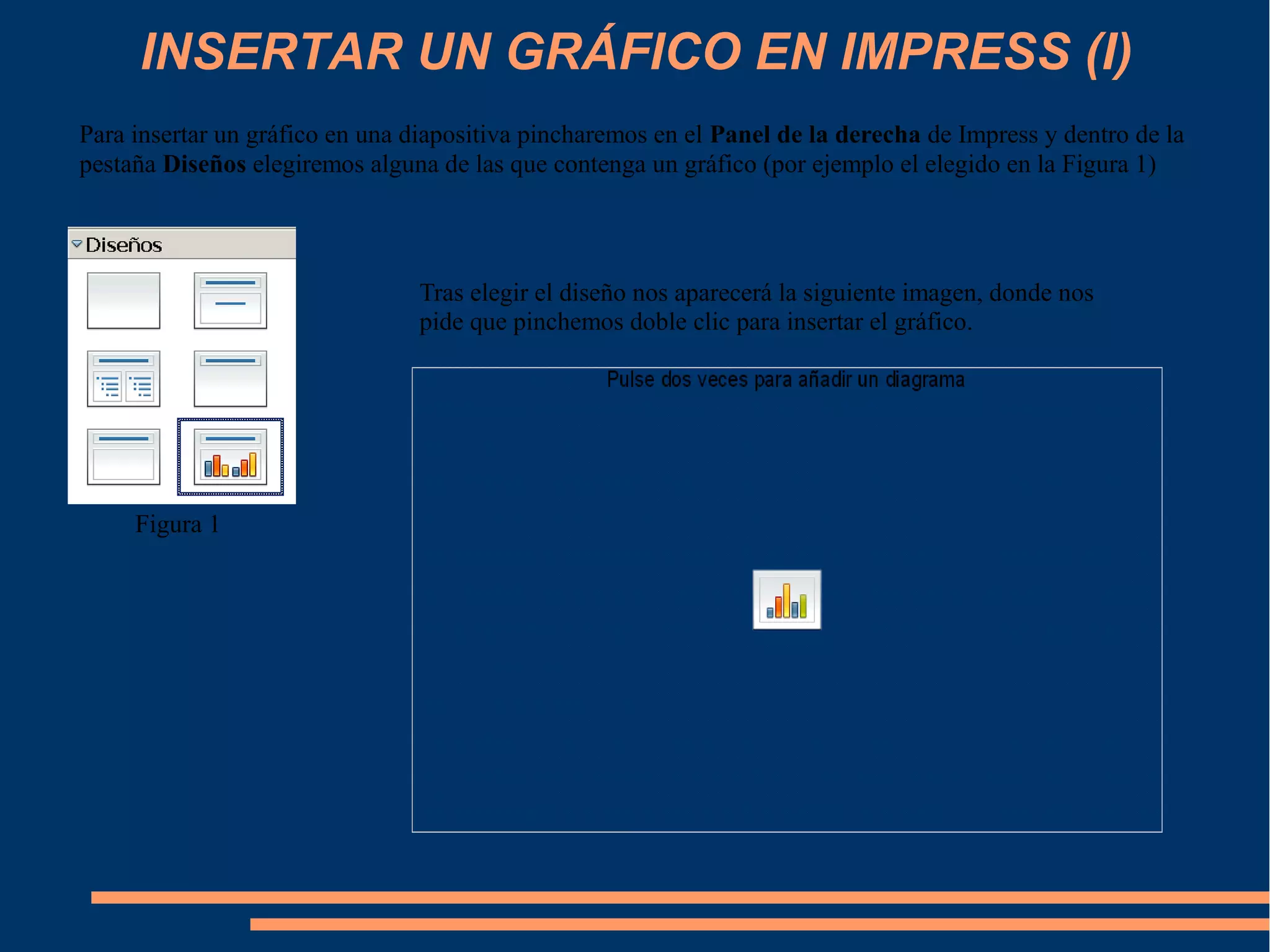 INSERTAR UN GRÁFICO EN IMPRESS (I)
Para insertar un gráfico en una diapositiva pincharemos en el Panel de la derecha de Impress y dentro de la
pestaña Diseños elegiremos alguna de las que contenga un gráfico (por ejemplo el elegido en la Figura 1)
Figura 1
Tras elegir el diseño nos aparecerá la siguiente imagen, donde nos
pide que pinchemos doble clic para insertar el gráfico.
 